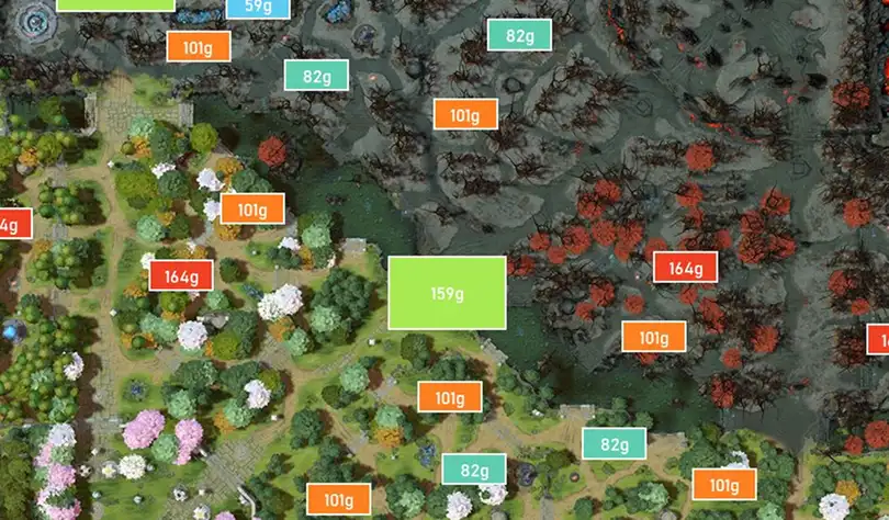 Fantasiefiguur uit Dota 2, zittend in een open plek in het bos, spelend op een luit, omringd door kleine gloeiende wezens.