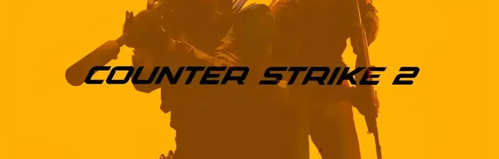 Twee tactische operators in gevechtsuitrusting met geweren tegen een opvallende gele achtergrond die een competitief first-person shooter-spel voorstelt.