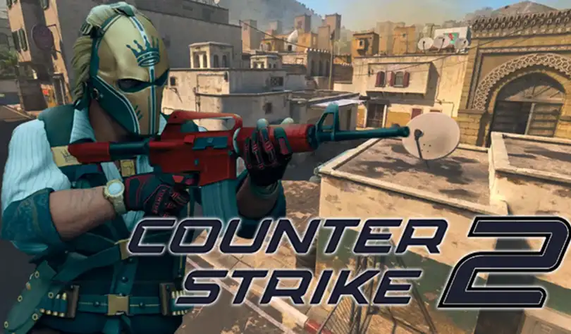 Twee tactische operators in gevechtsuitrusting met geweren tegen een opvallende gele achtergrond die een competitief first-person shooter-spel voorstelt.