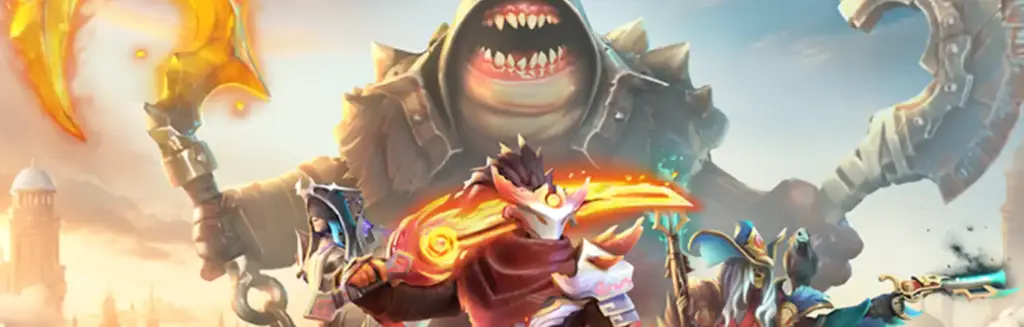 Groep fantasiehelden en wezens die samen staan in een dramatisch slagveld met gloeiende wapens en magische effecten.