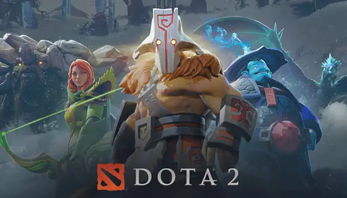 Groep Dota 2-fantasiehelden die samen staan in een dramatische, gevechtsklare scène met magische effecten.