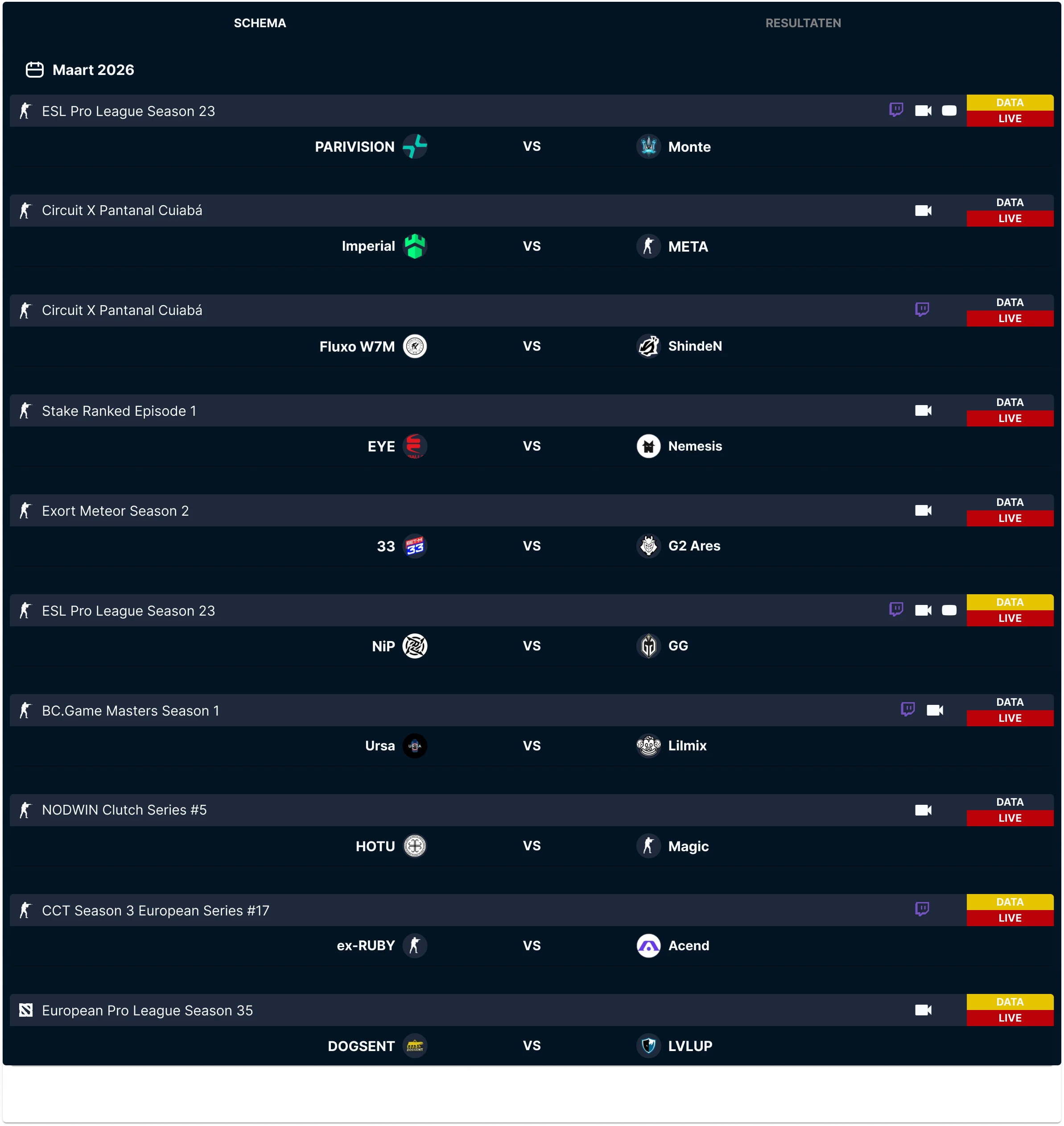 Interface met het wedstrijdschema van esports-toernooien, waarop meerdere teamwedstrijden, live-indicatoren en aankomende wedstrijden van competitieve gaming-evenementen worden weergegeven.