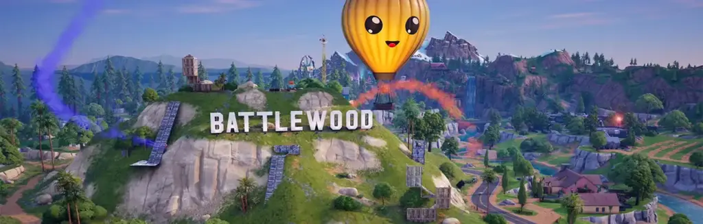 Kleurrijke battle royale-gamekaart met heuvels, gebouwen en een grote ballon als herkenningspunt in een heldere, gestileerde omgeving.