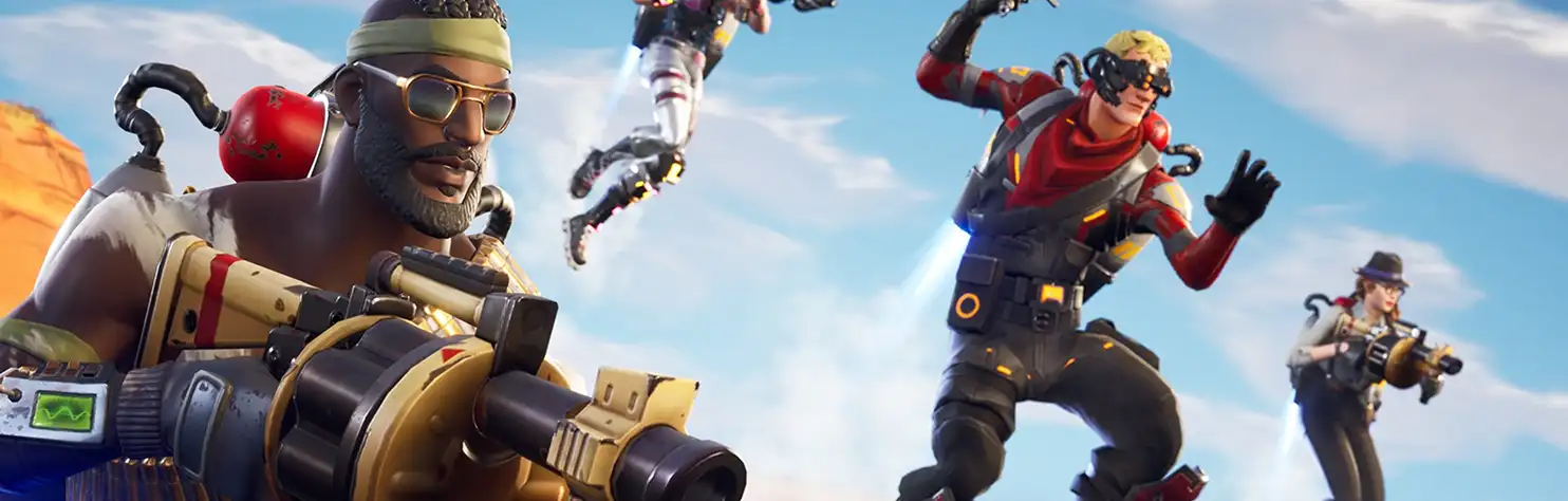 Groep gestileerde battle royale-personages die springen en schieten in een kleurrijke actiescène.