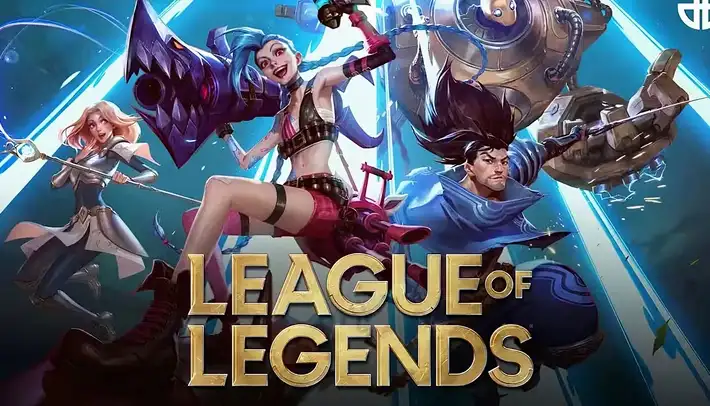 Dynamische fantasie-illustratie met meerdere League of Legends-kampioenen in een actiescène.