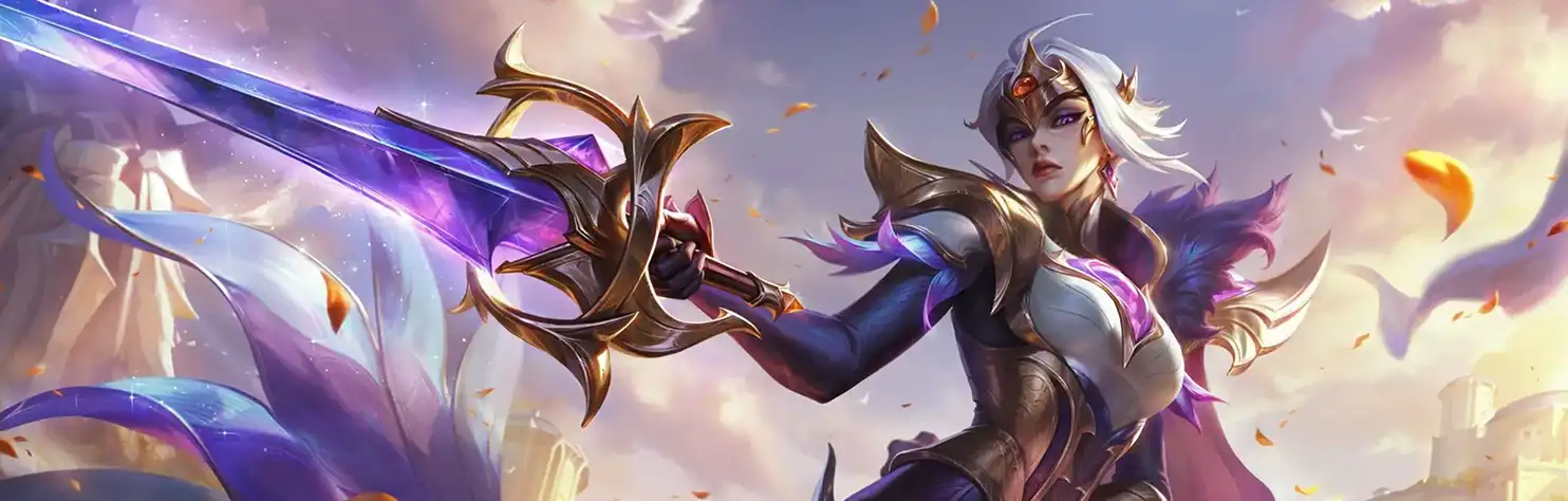 Fantastische vrouwelijke krijger met een gloeiend zwaard en een wapperende cape, die heldhaftig staat in een magische slagveldomgeving.