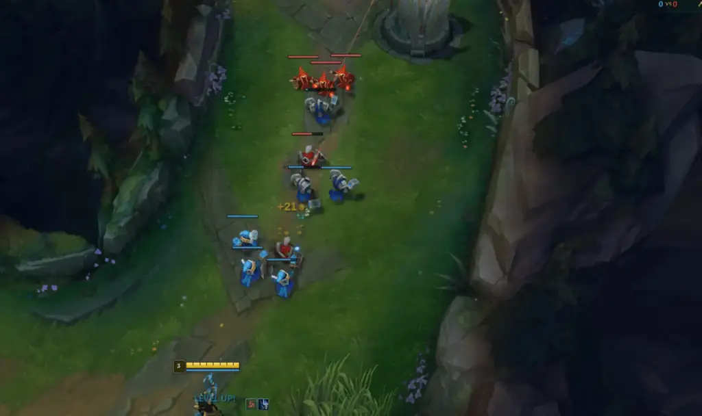 League of Legends-gameplay-scène waarin kampioenen en minions langs een baan op een fantasierijk slagveld vechten.