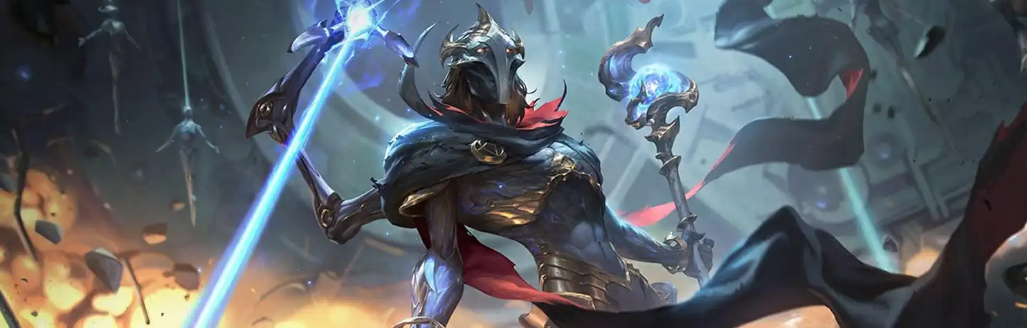 Fantasieoorlogsfiguur die gloeiende magische wapens hanteert terwijl hij door een explosief slagveld springt.