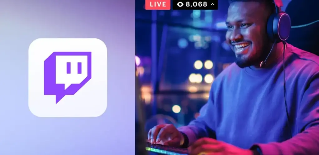 Online gamer die gameplay streamt met headset en microfoon naast een pictogram van een livestreamplatform, dat staat voor esports-uitzendingen en gamestreaming.