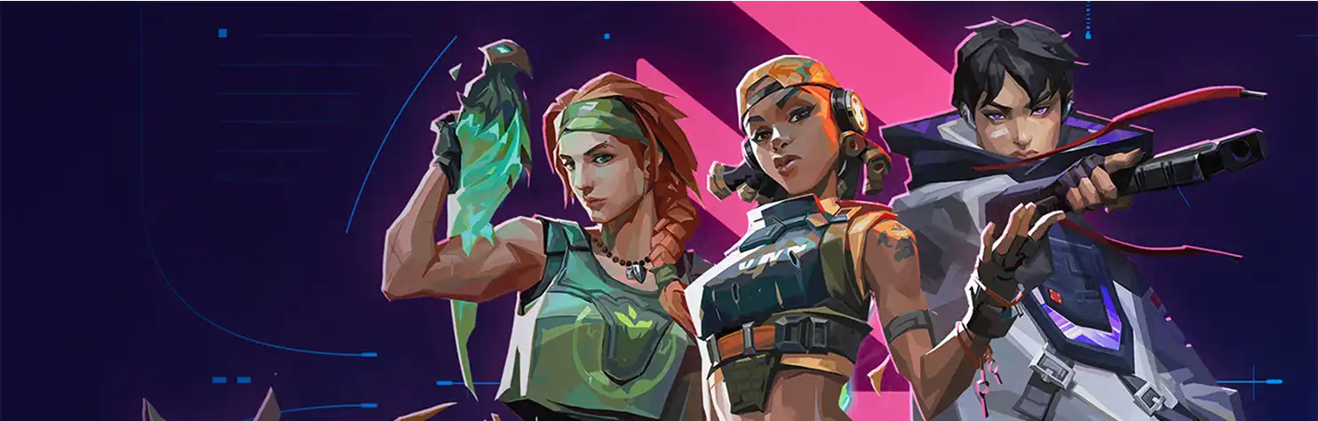 Gestileerde illustratie van drie Valorant-agenten met wapens in een kleurrijke futuristische achtergrond die competitieve tactische shooter-gameplay weergeeft.