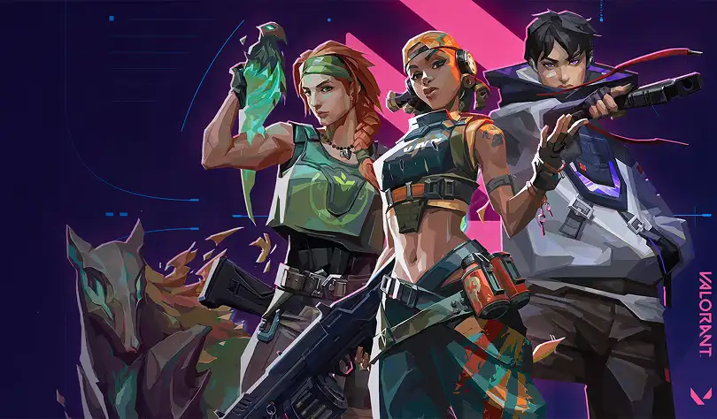 Gestileerde illustratie van drie Valorant-agenten met wapens in een kleurrijke futuristische achtergrond die competitieve tactische shooter-gameplay weergeeft.