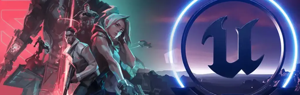 Futuristische gaming-illustratie met personages die naast een oplichtend Unreal Engine-logo staan in een met neon verlichte omgeving.