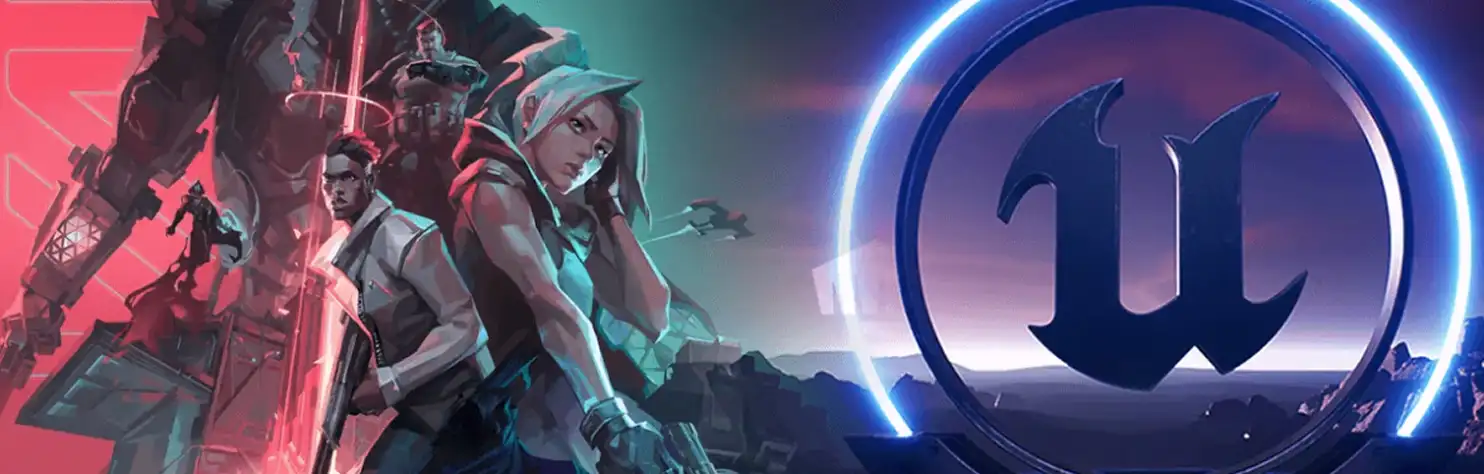 Futuristische gaming-illustratie met personages die naast een oplichtend Unreal Engine-logo staan in een met neon verlichte omgeving.